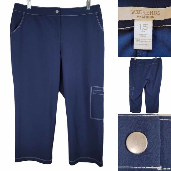 Weekends By Chicos Cargo Crop Pants Womens Size 1.5 US 10 Navy Blue Pockets - Picture 1 of 8